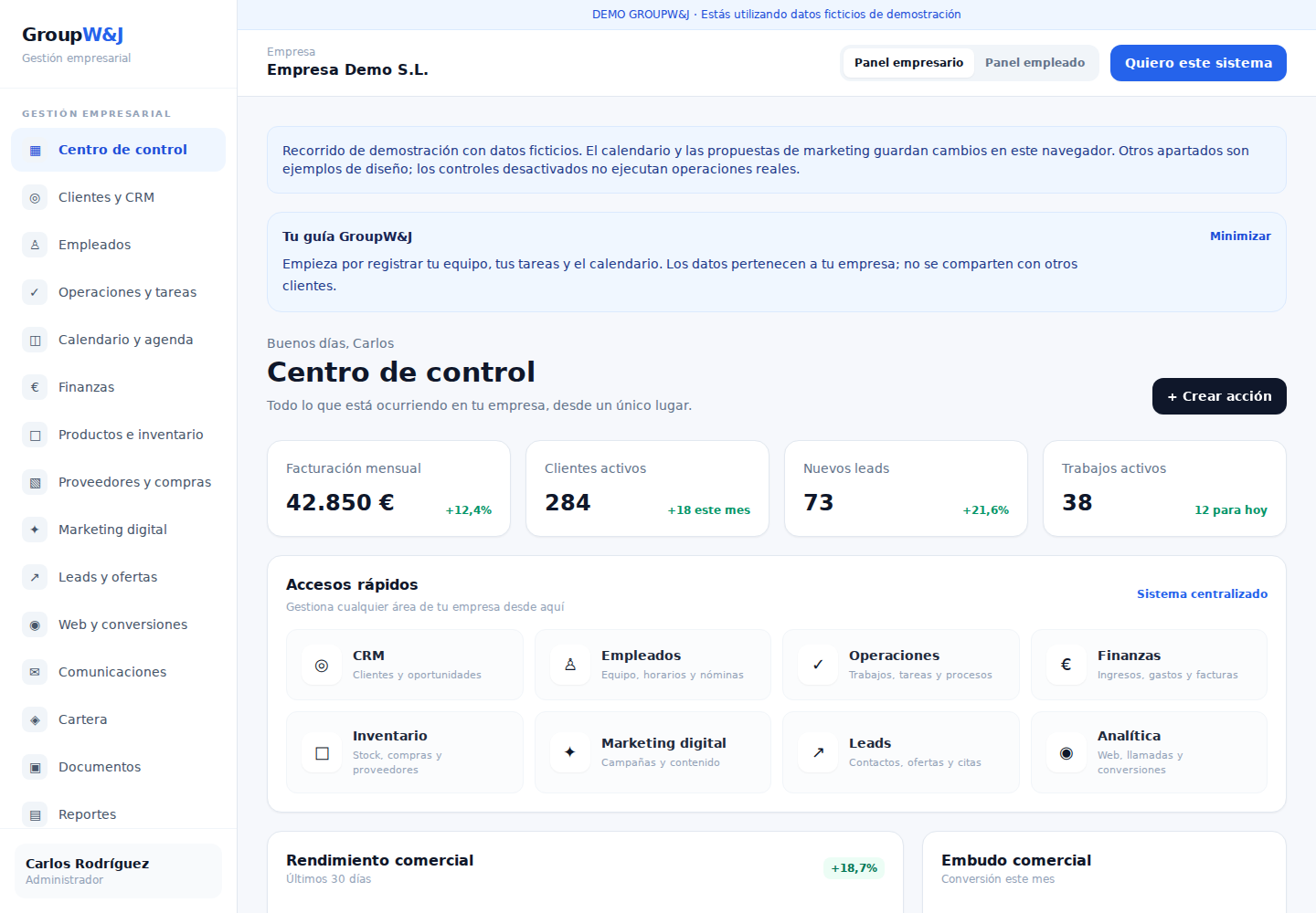 Captura de la demostración de GroupW&J con datos ficticios de una empresa de ejemplo